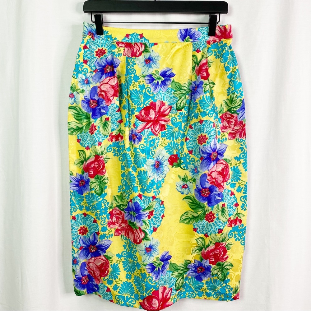 Vintage Adrianna Papell Yellow Floral Silk Suit 12 - Picture 9 of 15